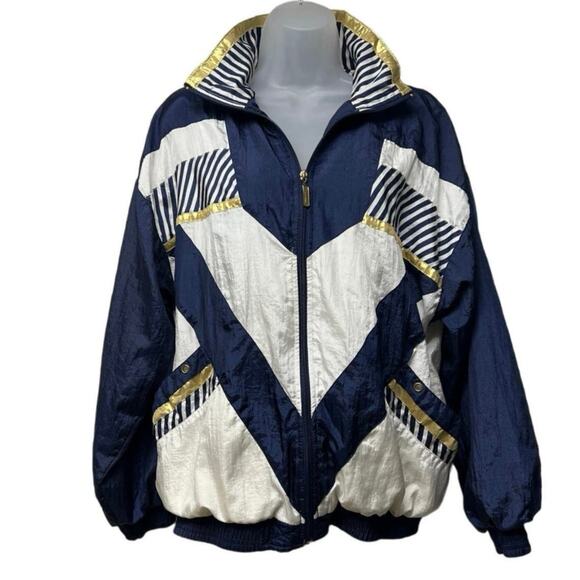 Vintage 90’s Jacket Janeve Women’s Track Full Zip Blue White Gold Size Medium - Picture 1 of 4